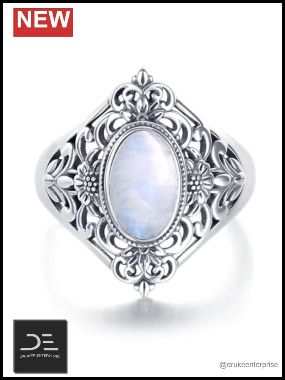 Genuine Moonstone Ring Sterling Silver Floral Victorian Boho Jewelry